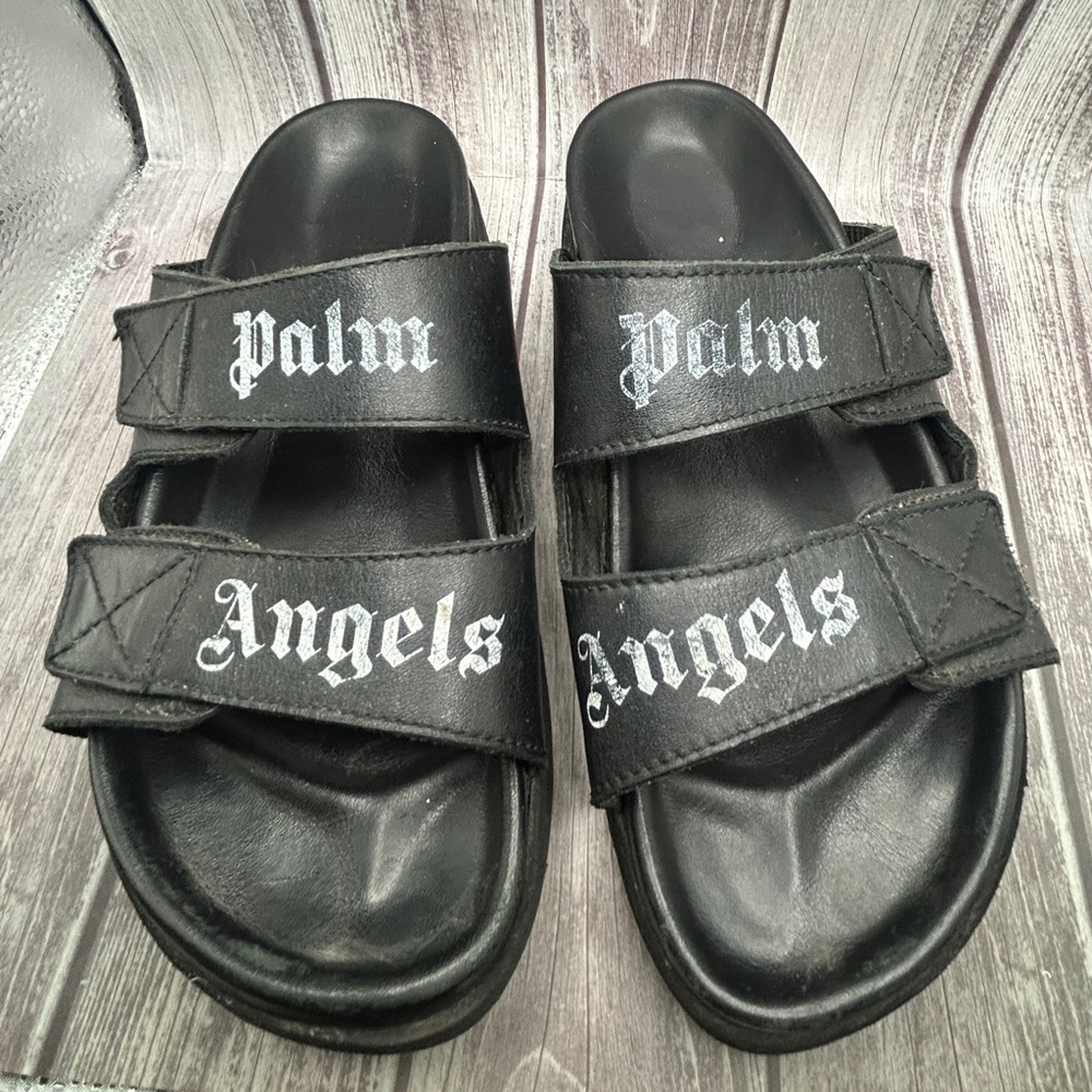 PALM ANGELS Double Strap Leather Slide Sandals Black White Logo + Box & Dust Bag - Picture 3 of 14
